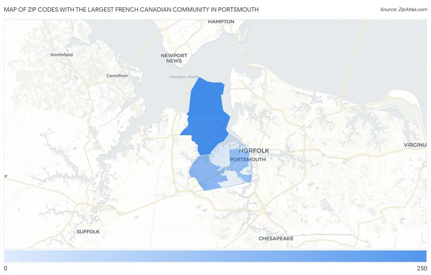 Zip Codes with the Largest French Canadian Community in Portsmouth Map