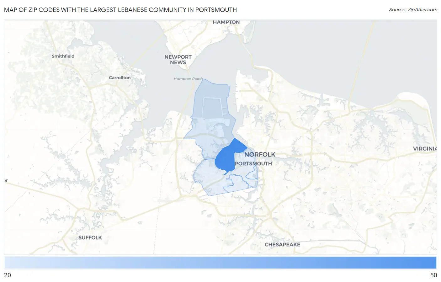 Zip Codes with the Largest Lebanese Community in Portsmouth Map