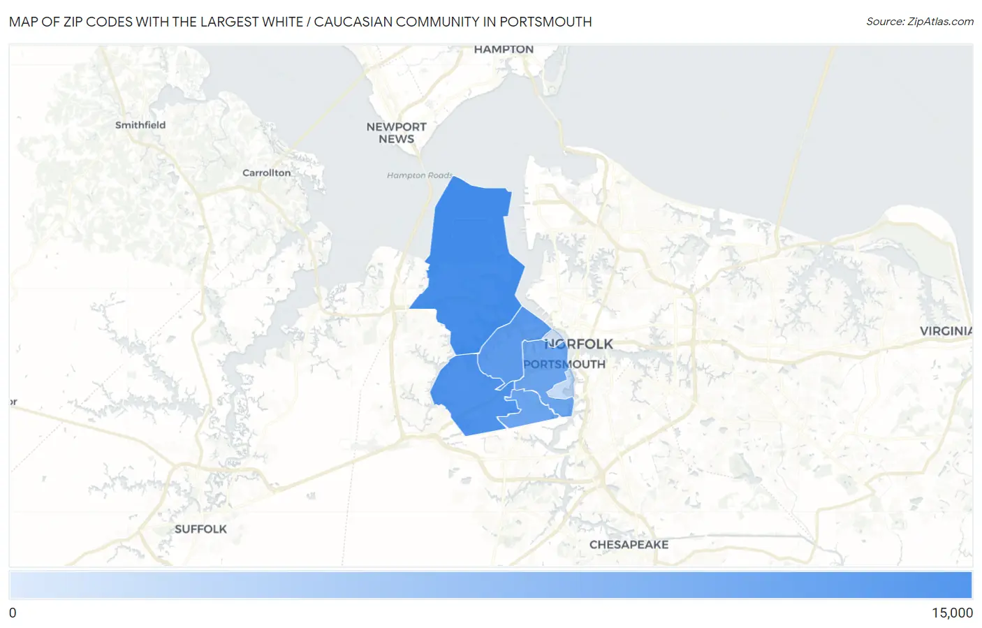 Zip Codes with the Largest White / Caucasian Community in Portsmouth Map