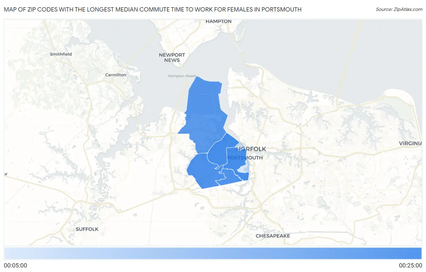 Zip Codes with the Longest Median Commute Time to Work for Females in Portsmouth Map