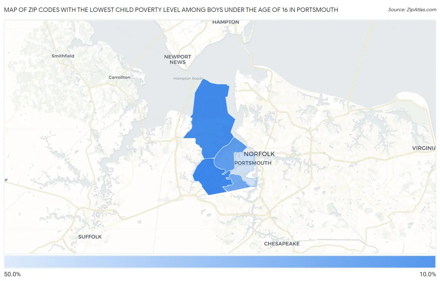 Zip Codes with the Lowest Child Poverty Level Among Boys Under the Age of 16 in Portsmouth Map