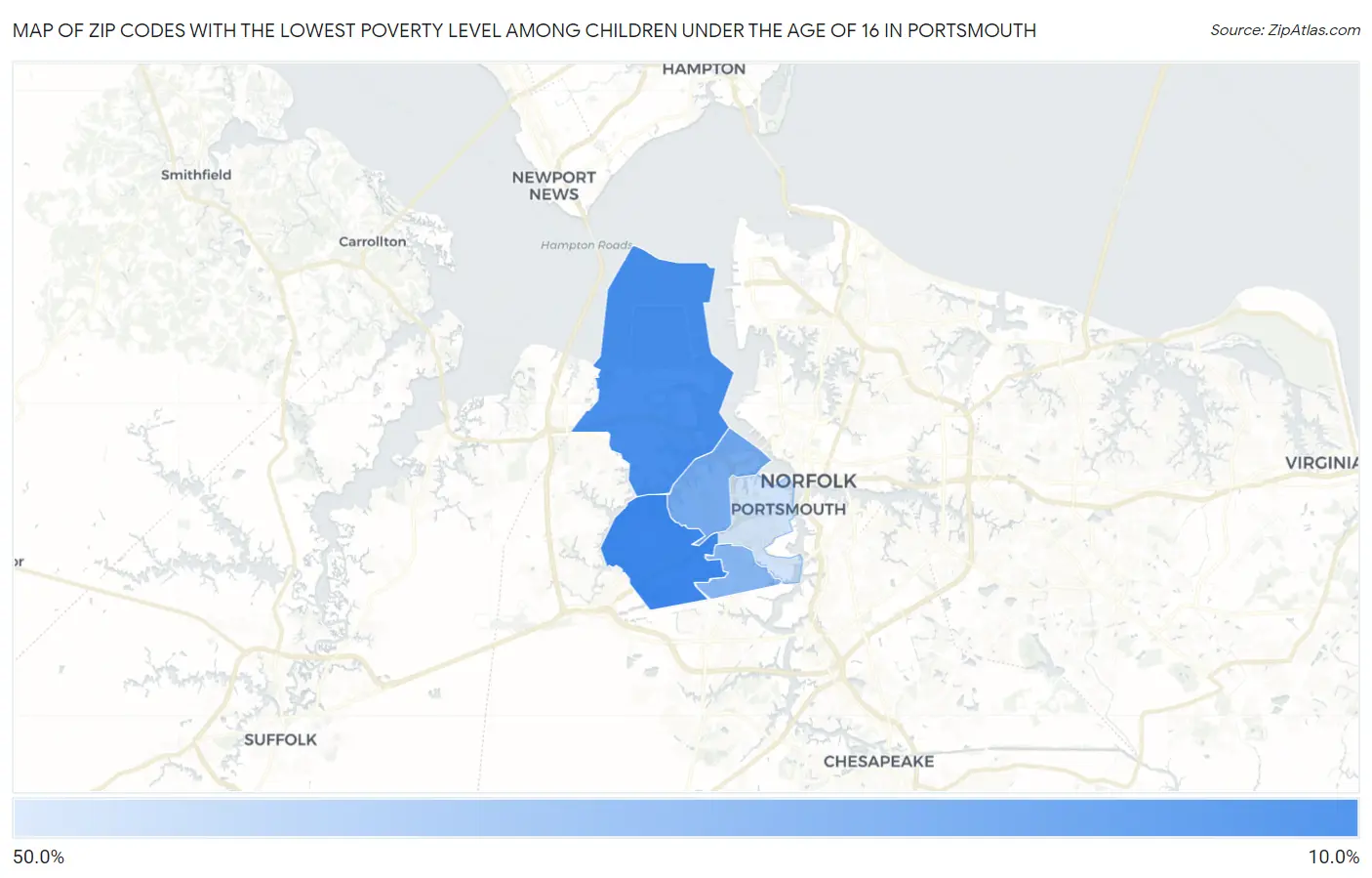 Zip Codes with the Lowest Poverty Level Among Children Under the Age of 16 in Portsmouth Map