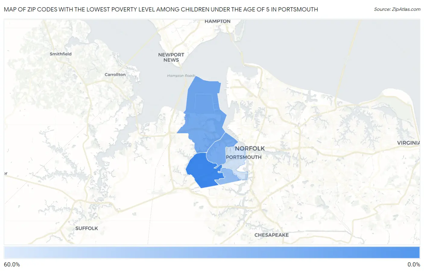 Zip Codes with the Lowest Poverty Level Among Children Under the Age of 5 in Portsmouth Map