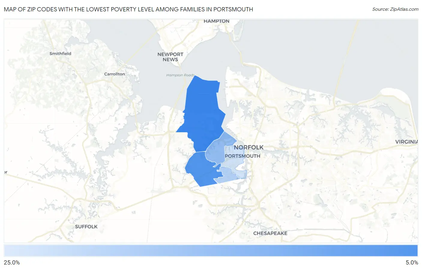 Zip Codes with the Lowest Poverty Level Among Families in Portsmouth Map