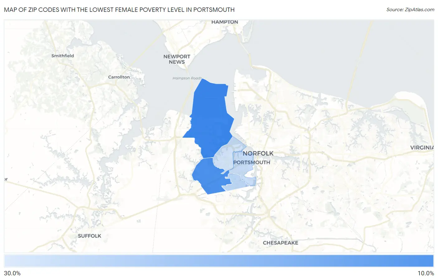 Zip Codes with the Lowest Female Poverty Level in Portsmouth Map