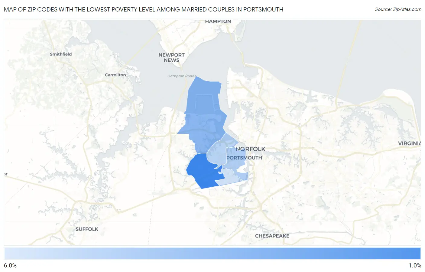Zip Codes with the Lowest Poverty Level Among Married Couples in Portsmouth Map