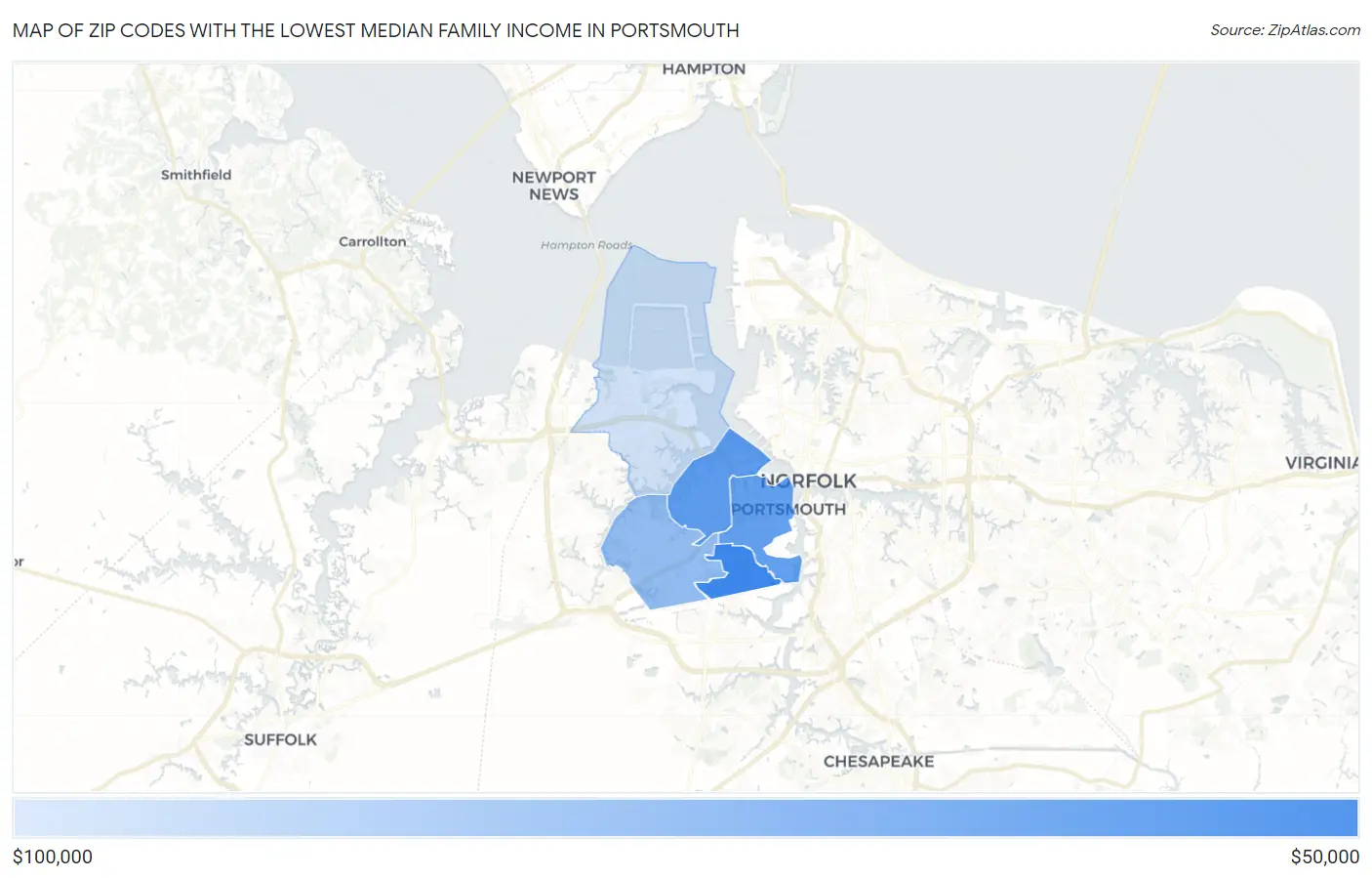 Zip Codes with the Lowest Median Family Income in Portsmouth Map