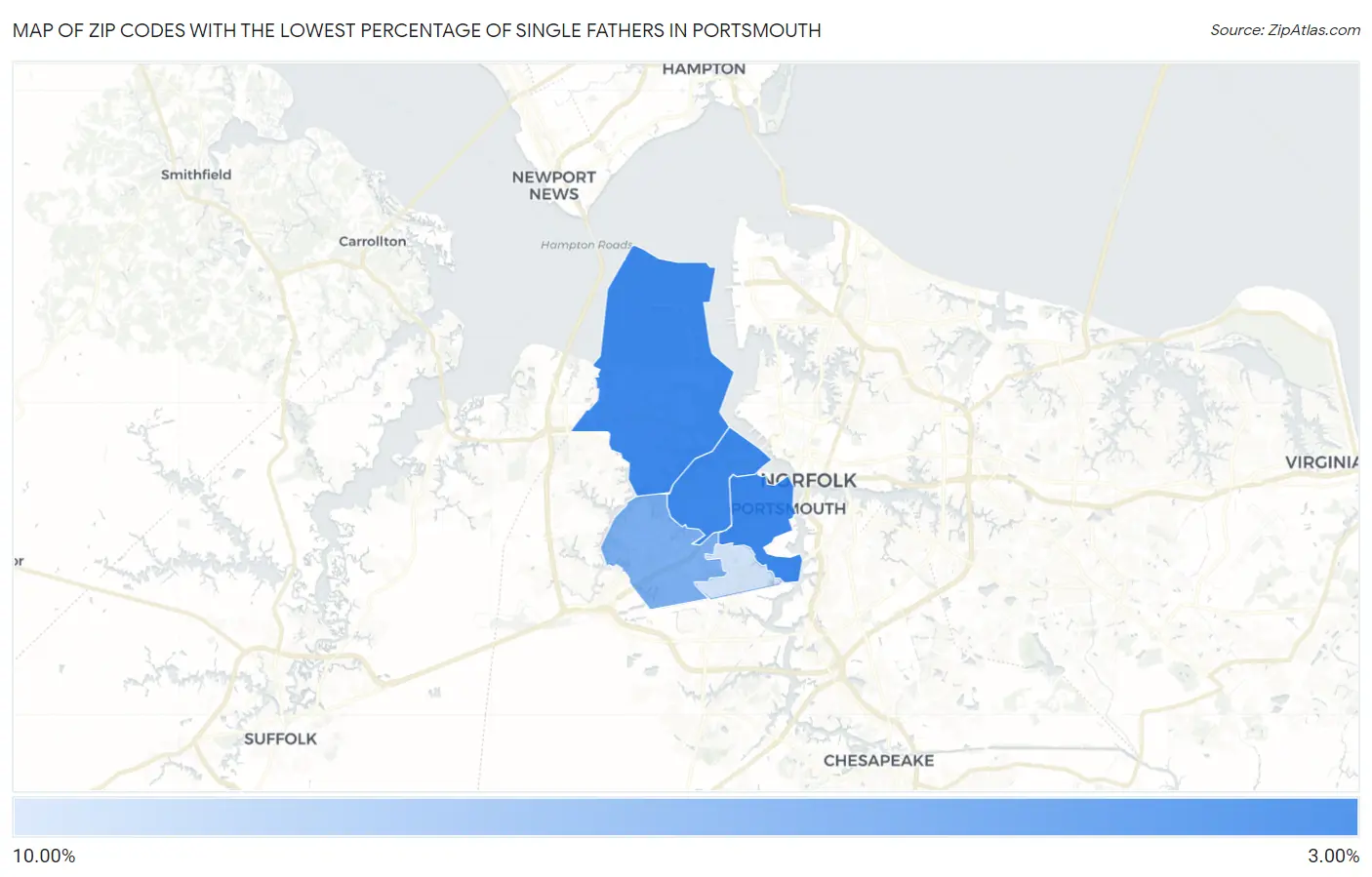 Zip Codes with the Lowest Percentage of Single Fathers in Portsmouth Map