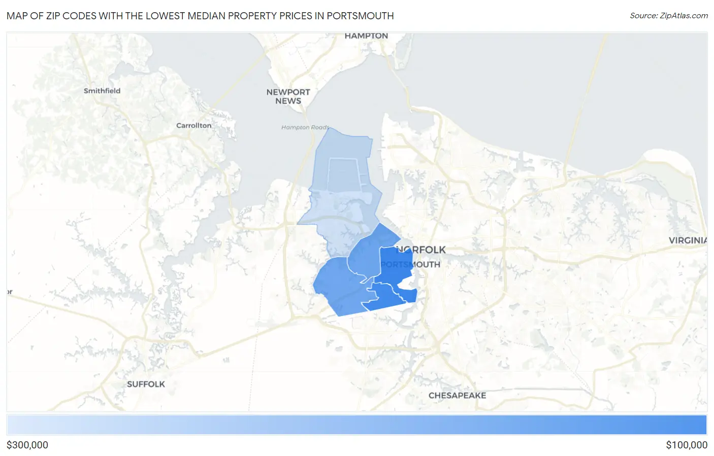 Zip Codes with the Lowest Median Property Prices in Portsmouth Map