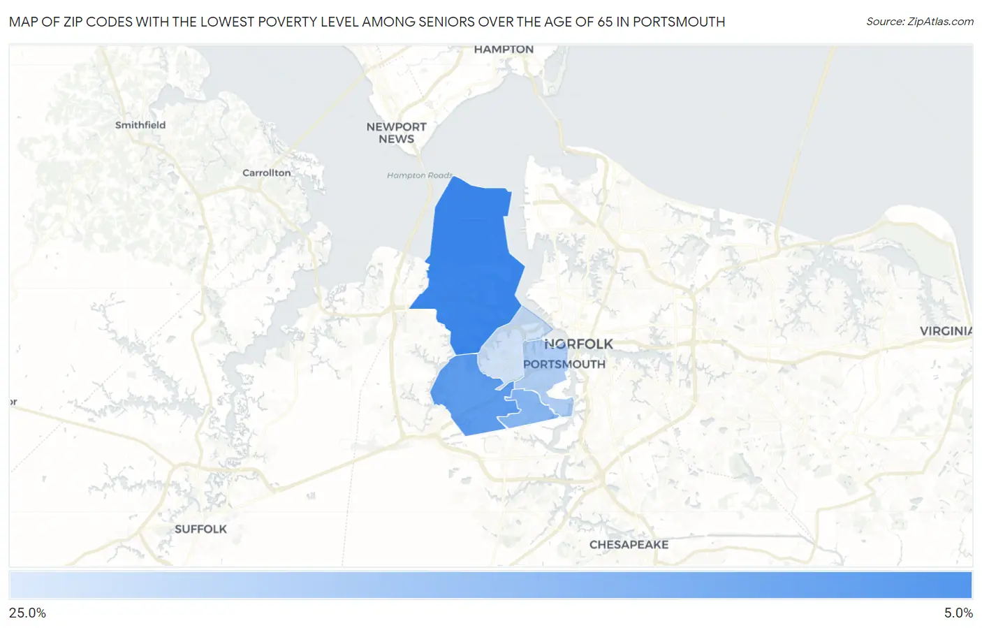 Zip Codes with the Lowest Poverty Level Among Seniors Over the Age of 65 in Portsmouth Map