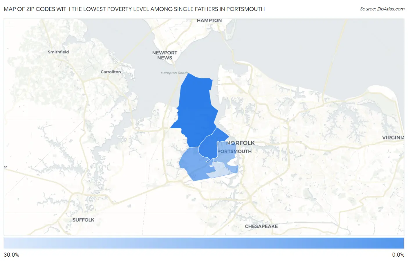 Zip Codes with the Lowest Poverty Level Among Single Fathers in Portsmouth Map