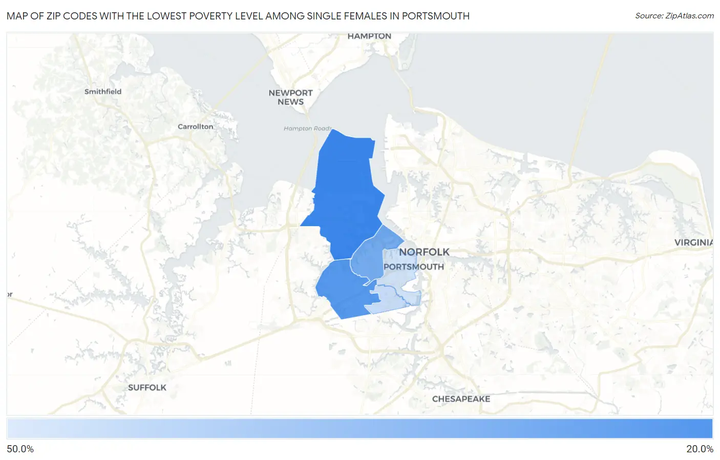 Zip Codes with the Lowest Poverty Level Among Single Females in Portsmouth Map