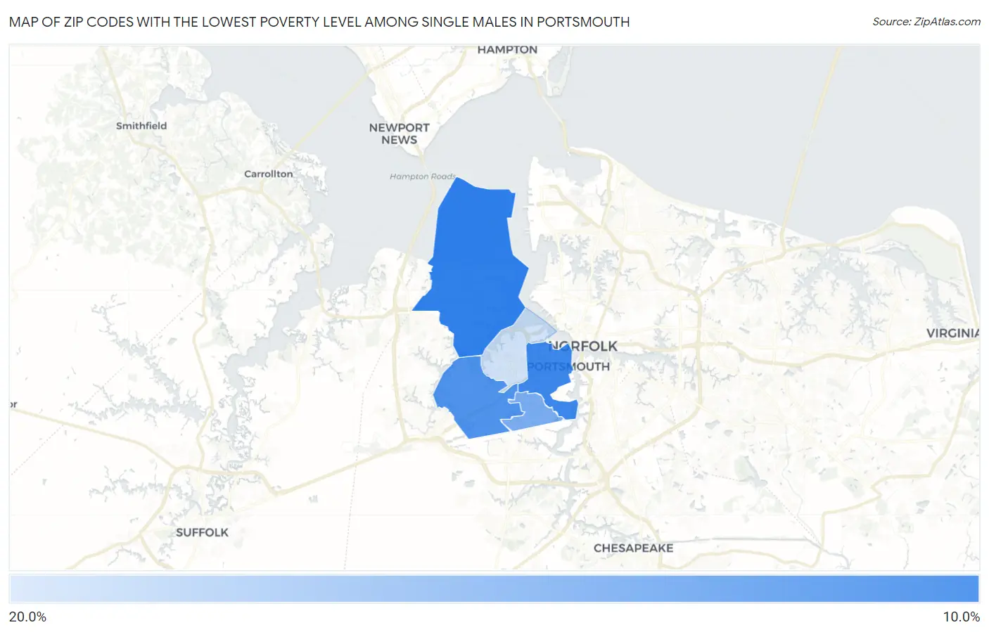 Zip Codes with the Lowest Poverty Level Among Single Males in Portsmouth Map