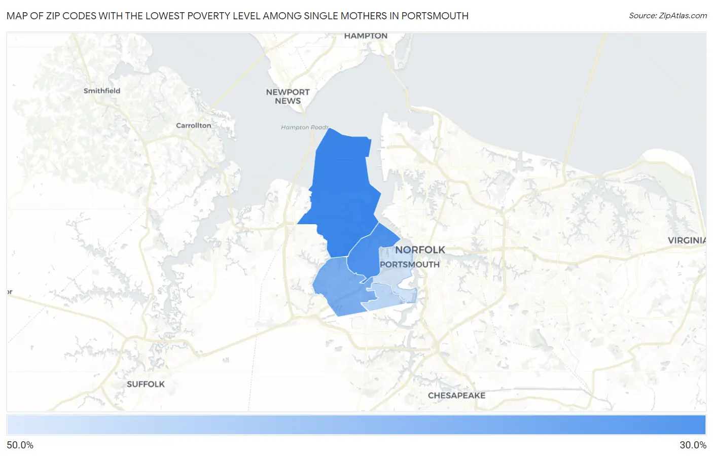 Zip Codes with the Lowest Poverty Level Among Single Mothers in Portsmouth Map