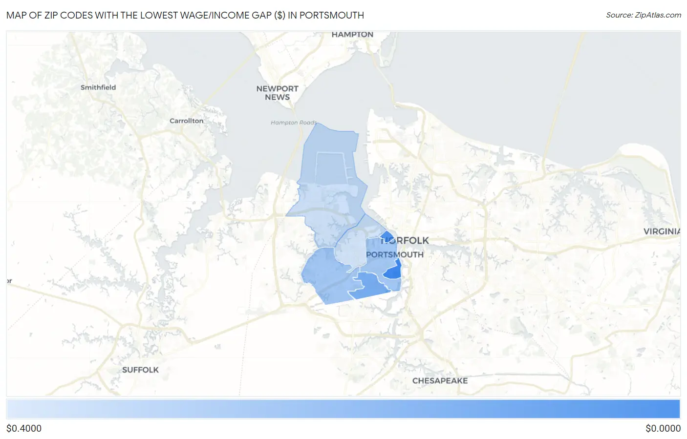 Zip Codes with the Lowest Wage/Income Gap ($) in Portsmouth Map