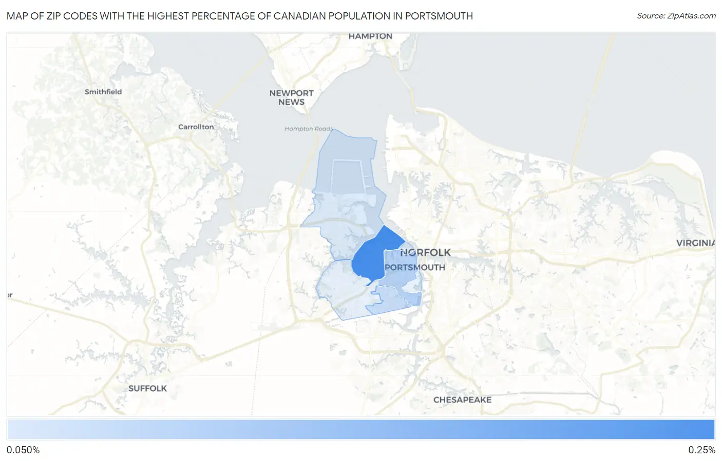 Zip Codes with the Highest Percentage of Canadian Population in Portsmouth Map