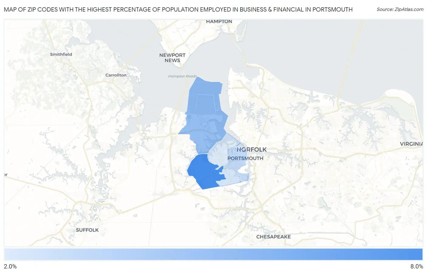 Zip Codes with the Highest Percentage of Population Employed in Business & Financial in Portsmouth Map