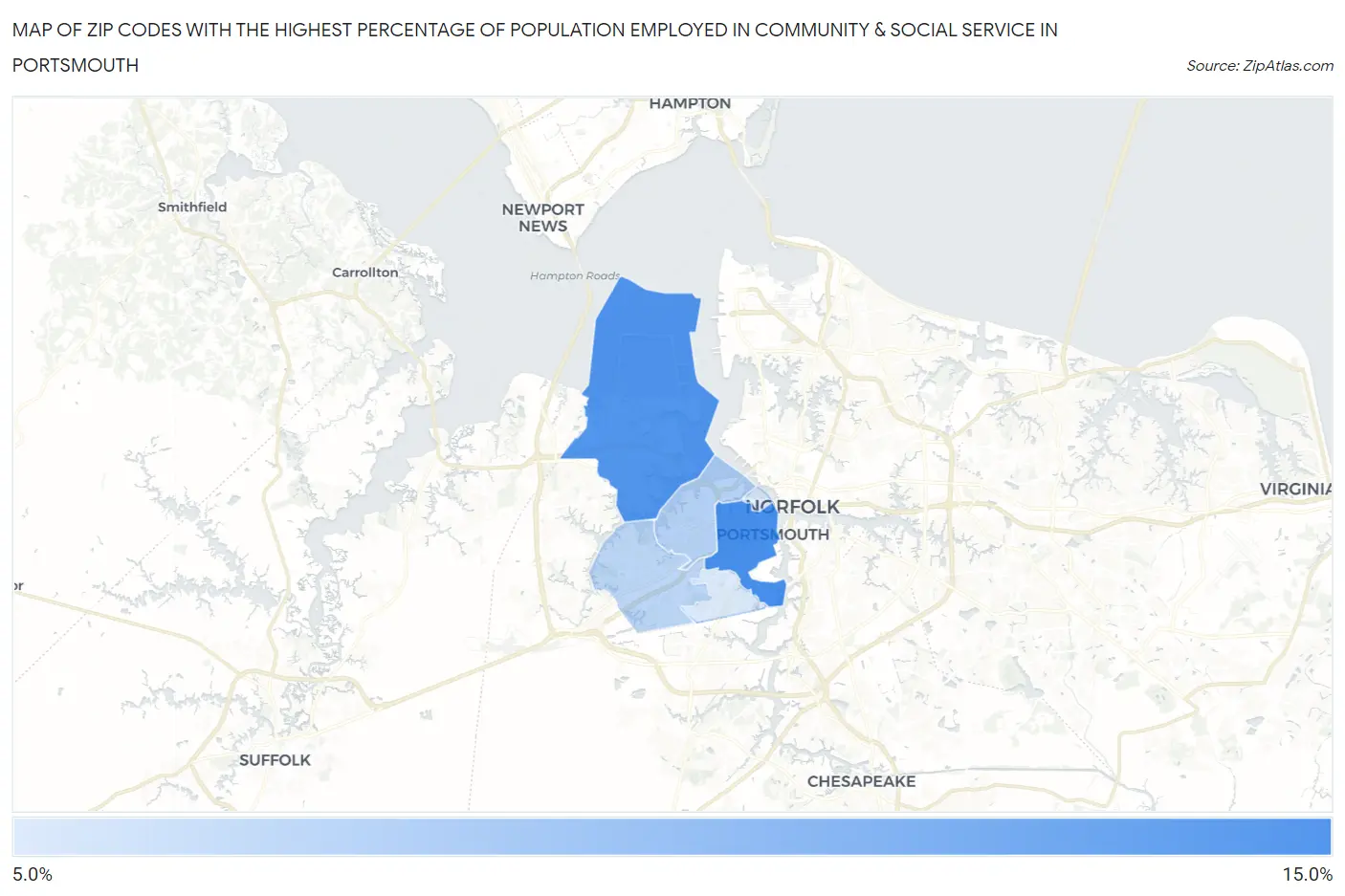 Zip Codes with the Highest Percentage of Population Employed in Community & Social Service  in Portsmouth Map
