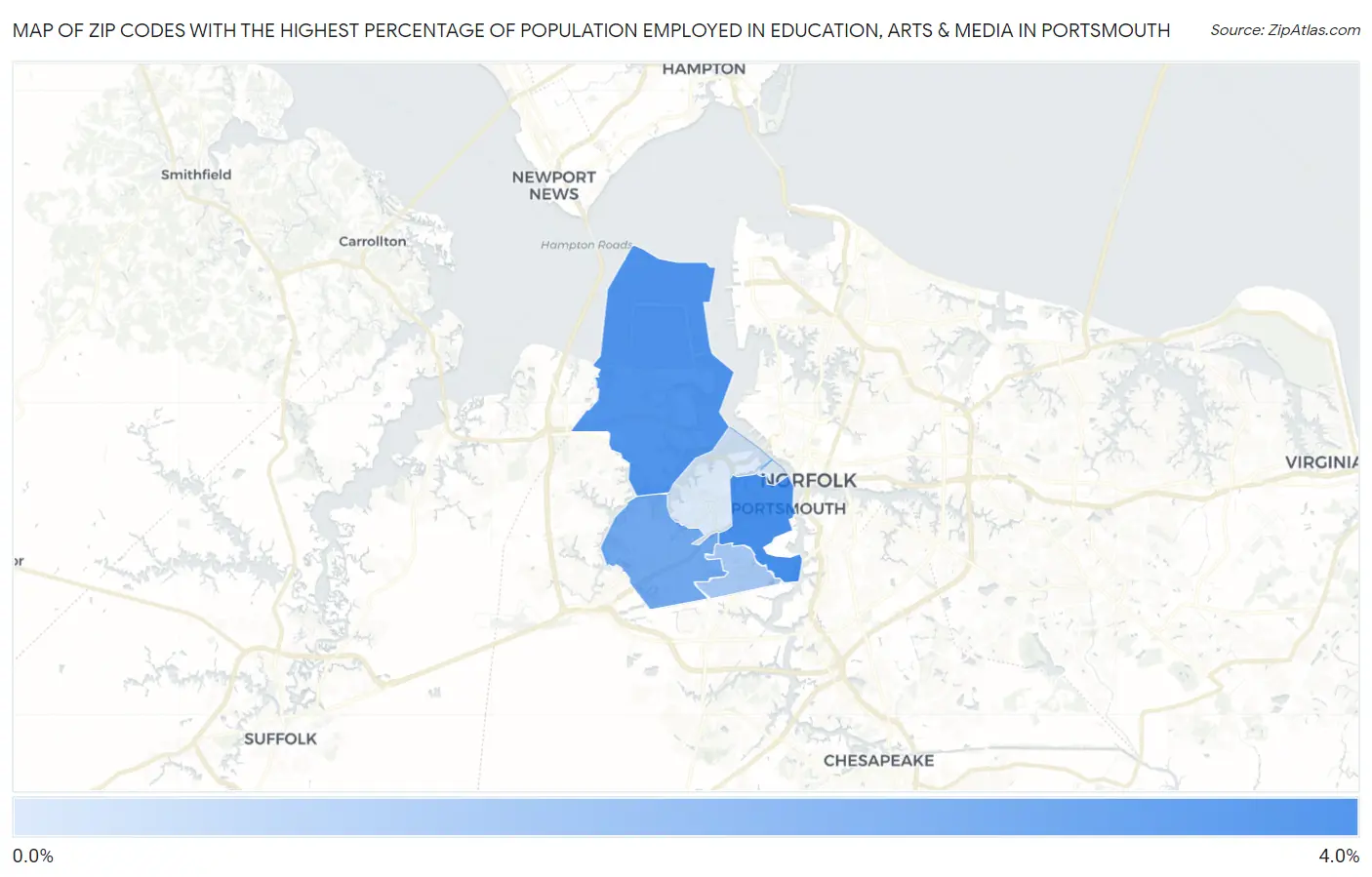 Zip Codes with the Highest Percentage of Population Employed in Education, Arts & Media in Portsmouth Map
