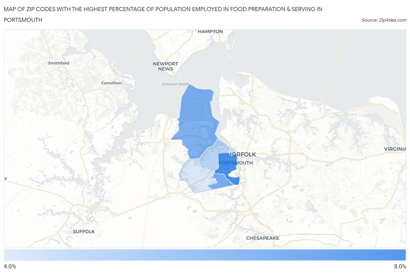 Zip Codes with the Highest Percentage of Population Employed in Food Preparation & Serving in Portsmouth Map