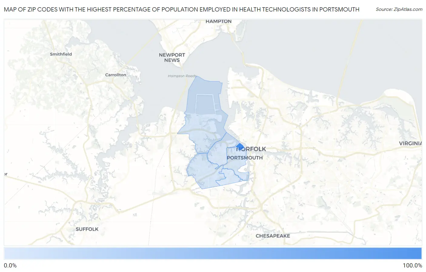 Zip Codes with the Highest Percentage of Population Employed in Health Technologists in Portsmouth Map