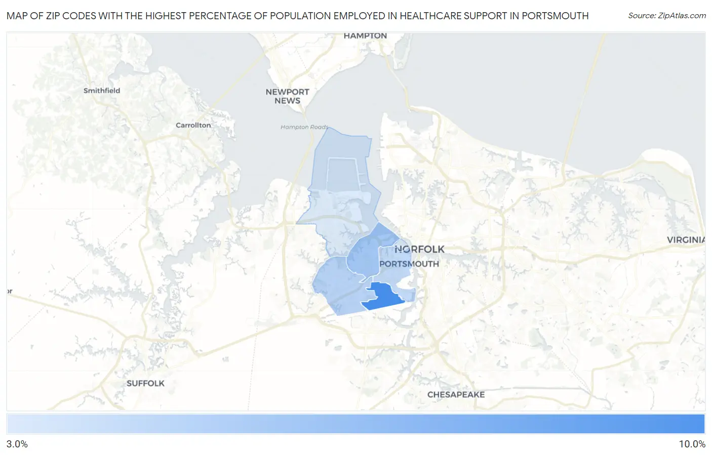Zip Codes with the Highest Percentage of Population Employed in Healthcare Support in Portsmouth Map