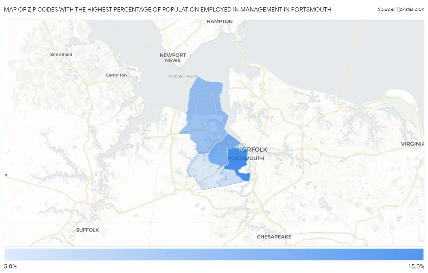 Zip Codes with the Highest Percentage of Population Employed in Management in Portsmouth Map