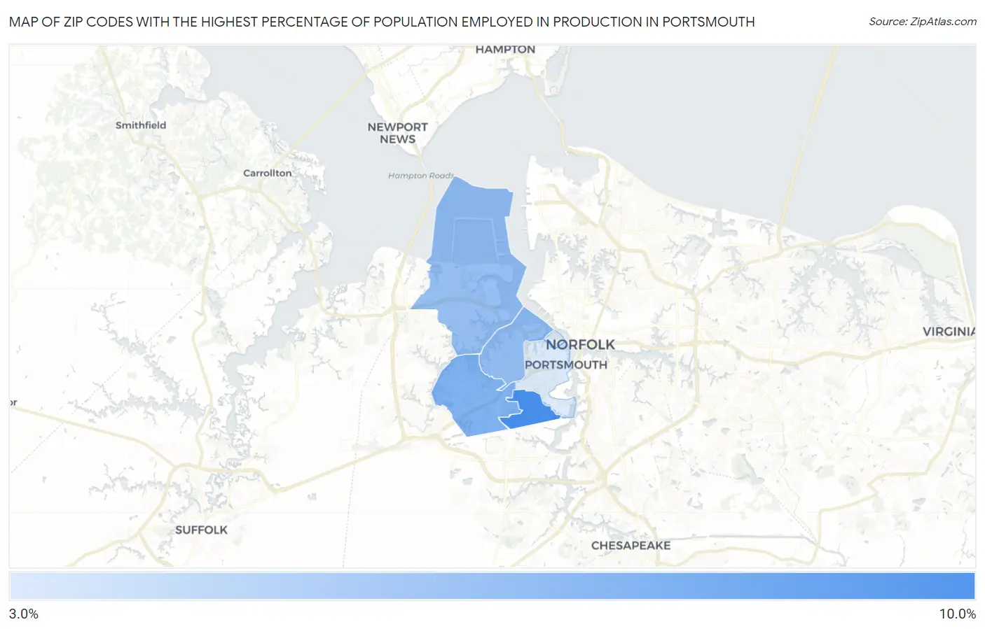 Zip Codes with the Highest Percentage of Population Employed in Production in Portsmouth Map