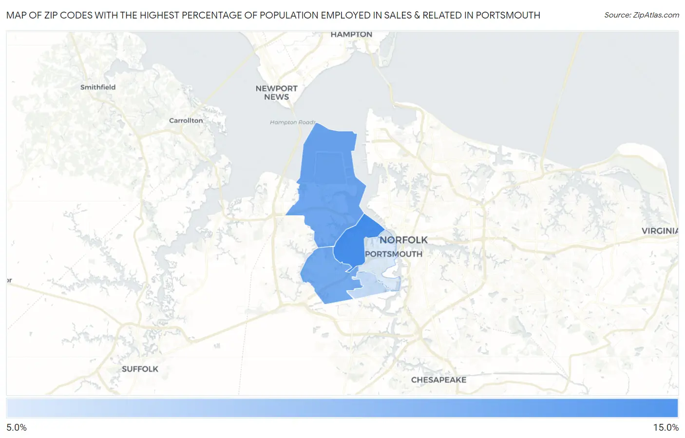 Zip Codes with the Highest Percentage of Population Employed in Sales & Related in Portsmouth Map