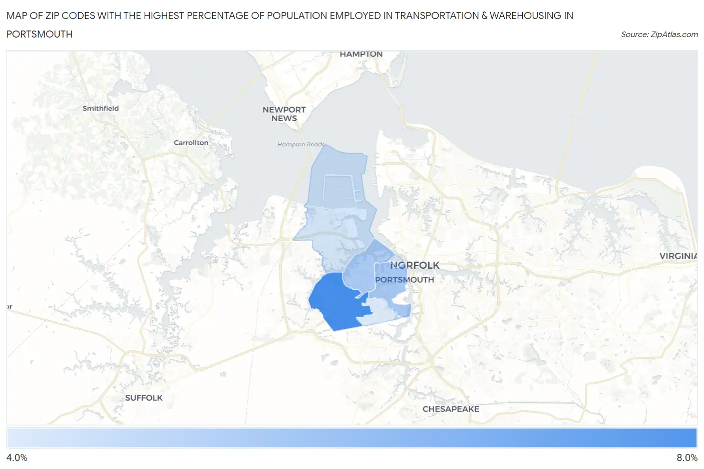 Zip Codes with the Highest Percentage of Population Employed in Transportation & Warehousing in Portsmouth Map