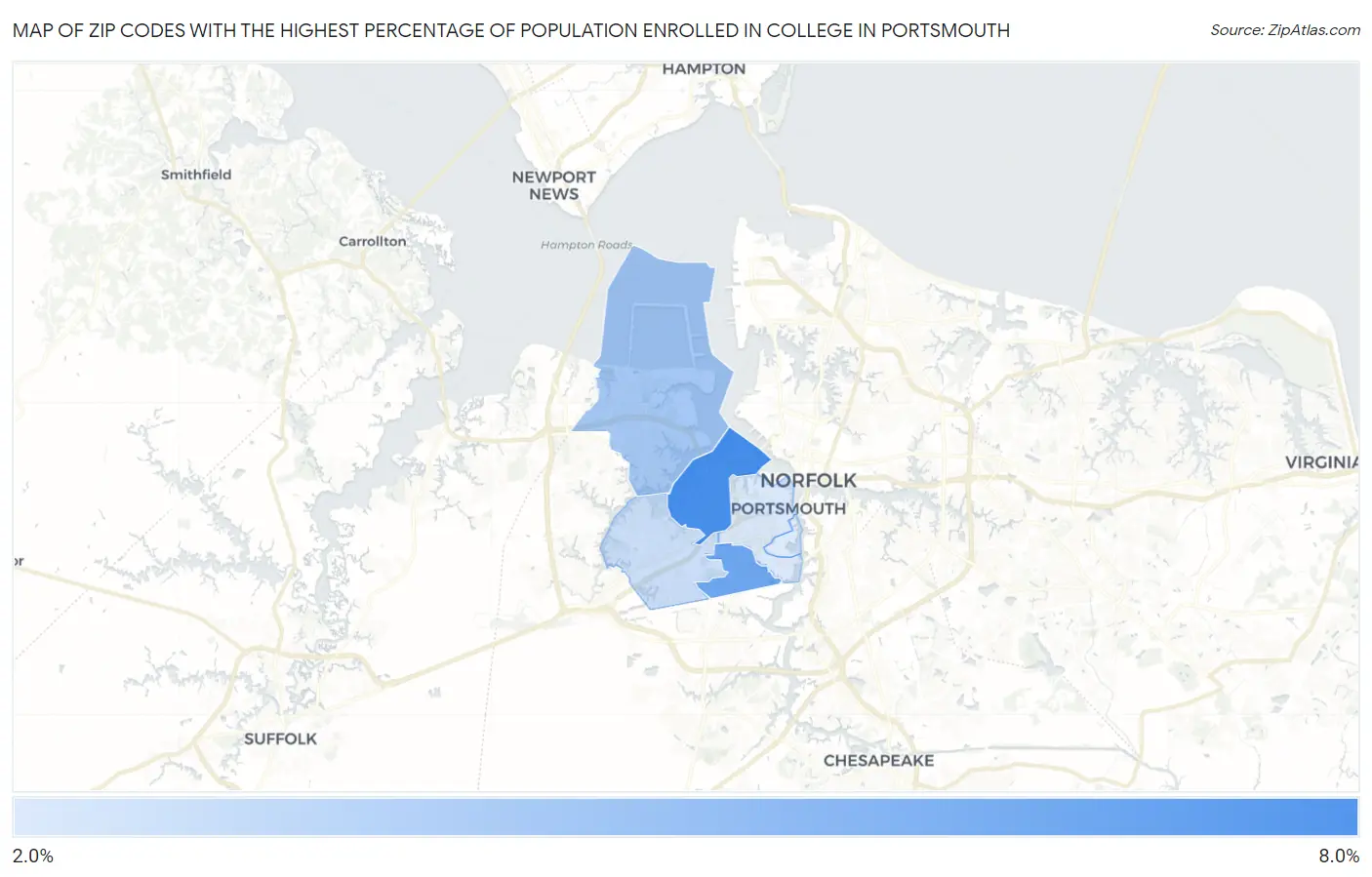 Zip Codes with the Highest Percentage of Population Enrolled in College in Portsmouth Map