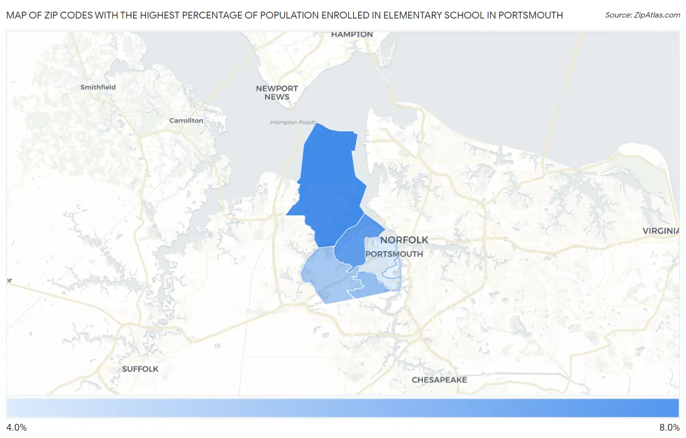 Zip Codes with the Highest Percentage of Population Enrolled in Elementary School in Portsmouth Map