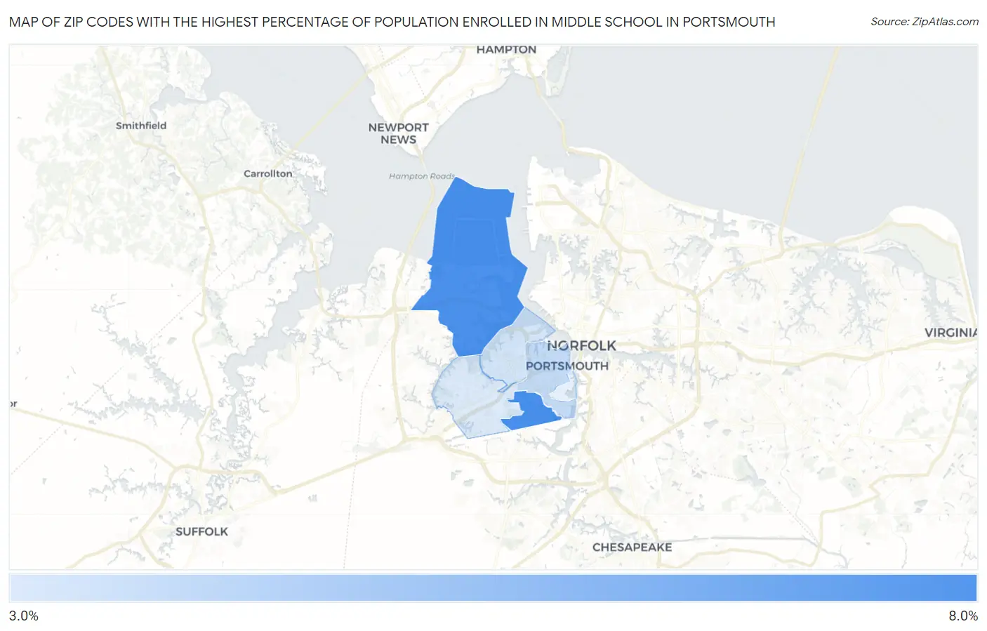 Zip Codes with the Highest Percentage of Population Enrolled in Middle School in Portsmouth Map