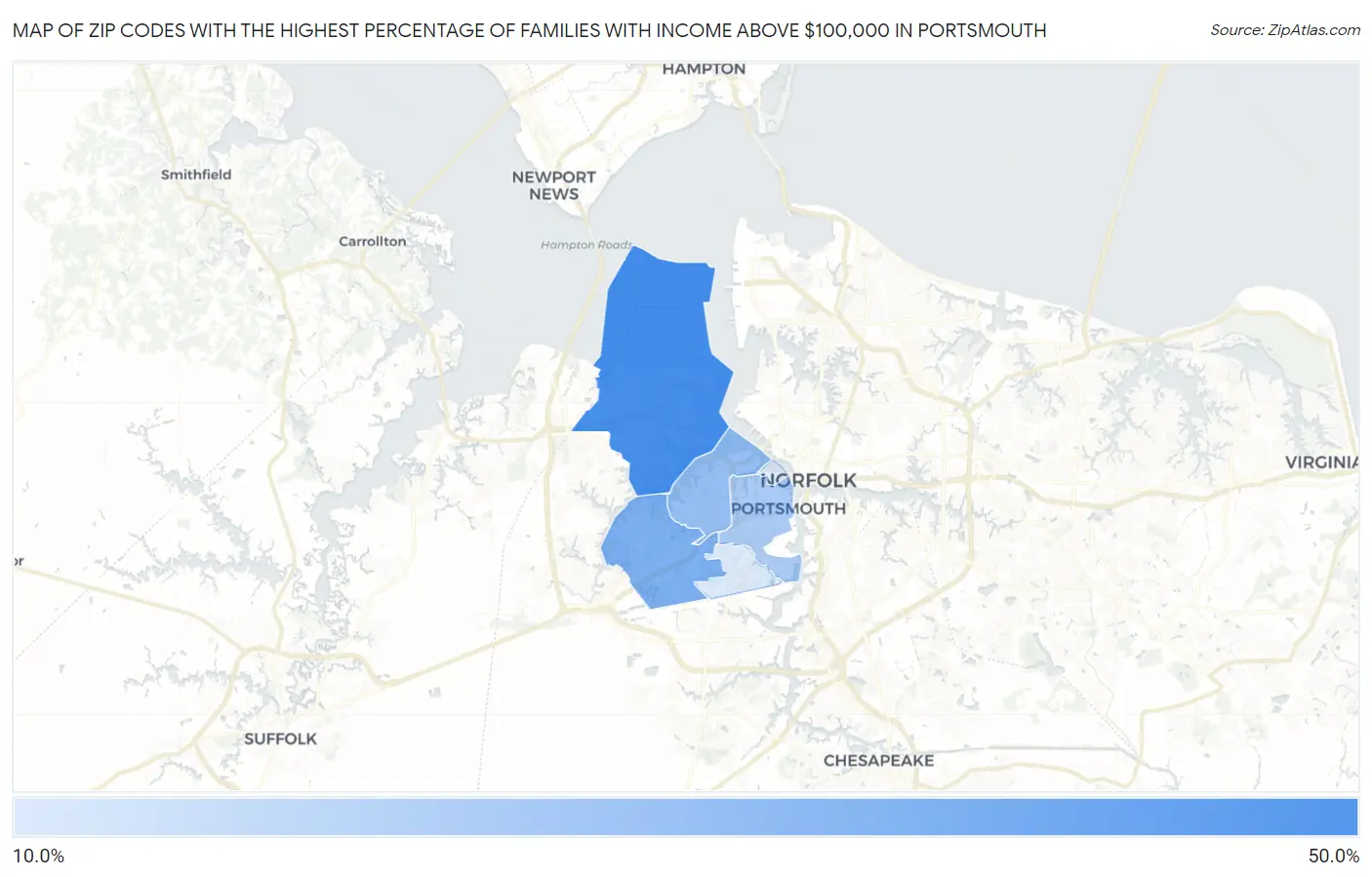 Zip Codes with the Highest Percentage of Families with Income Above $100,000 in Portsmouth Map