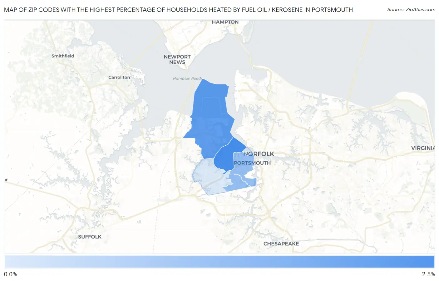 Zip Codes with the Highest Percentage of Households Heated by Fuel Oil / Kerosene in Portsmouth Map