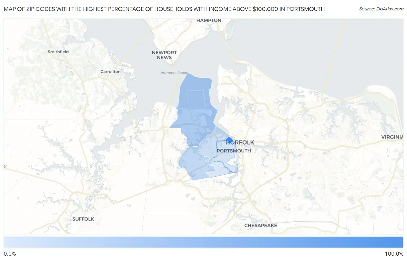 Zip Codes with the Highest Percentage of Households with Income Above $100,000 in Portsmouth Map