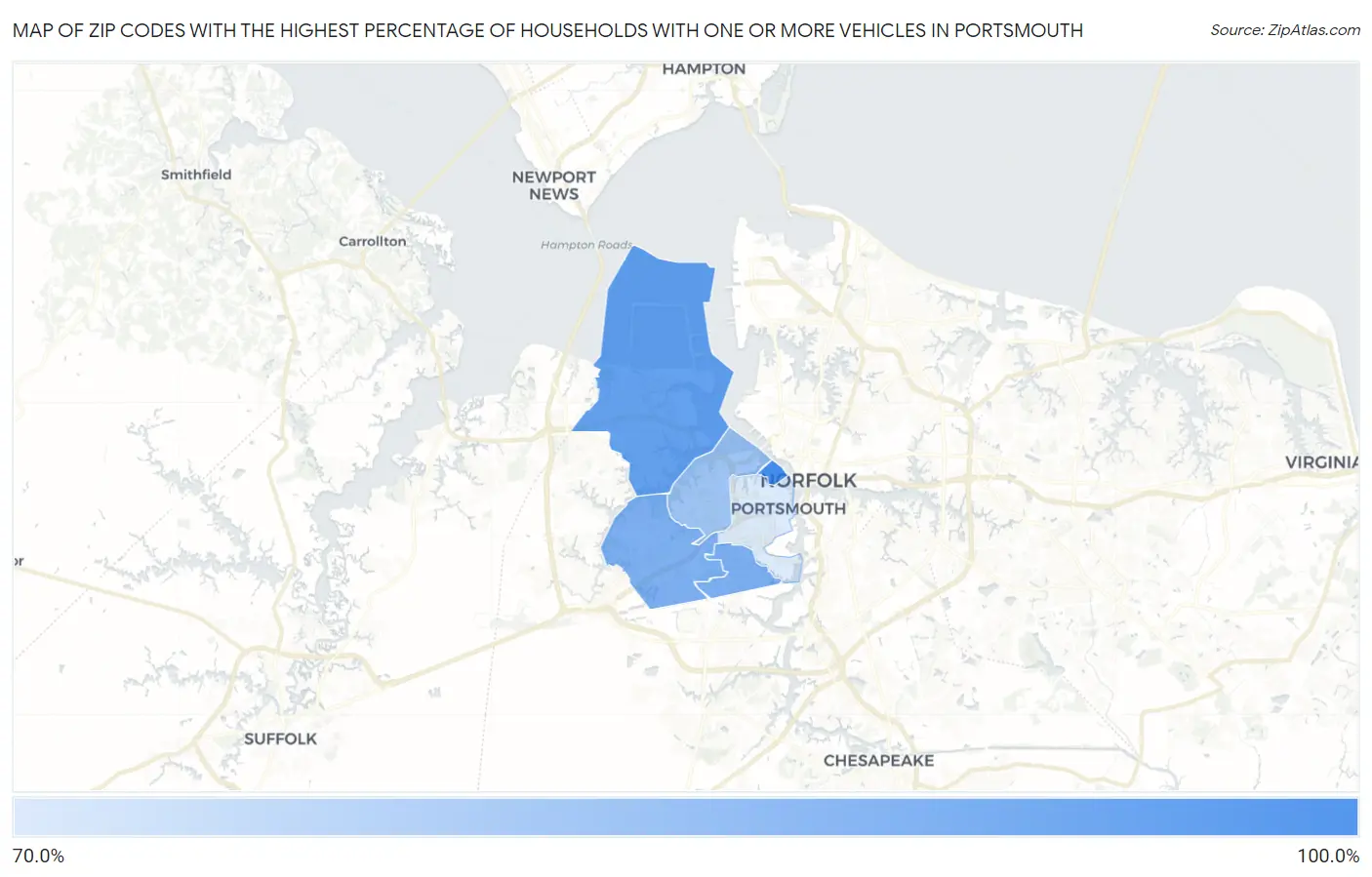 Zip Codes with the Highest Percentage of Households With One or more Vehicles in Portsmouth Map
