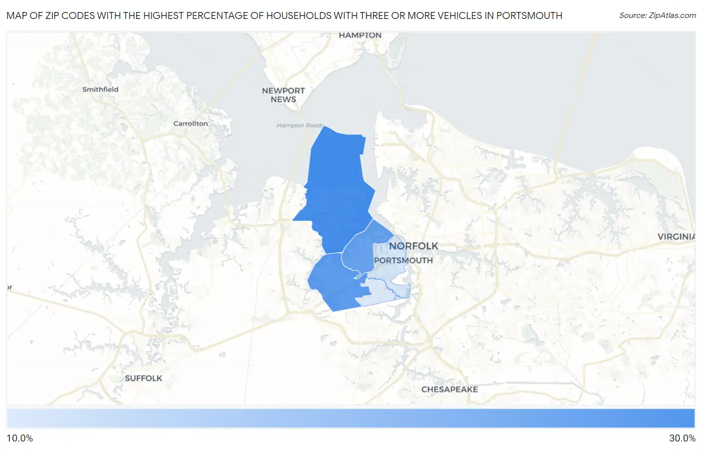 Zip Codes with the Highest Percentage of Households With Three or more Vehicles in Portsmouth Map