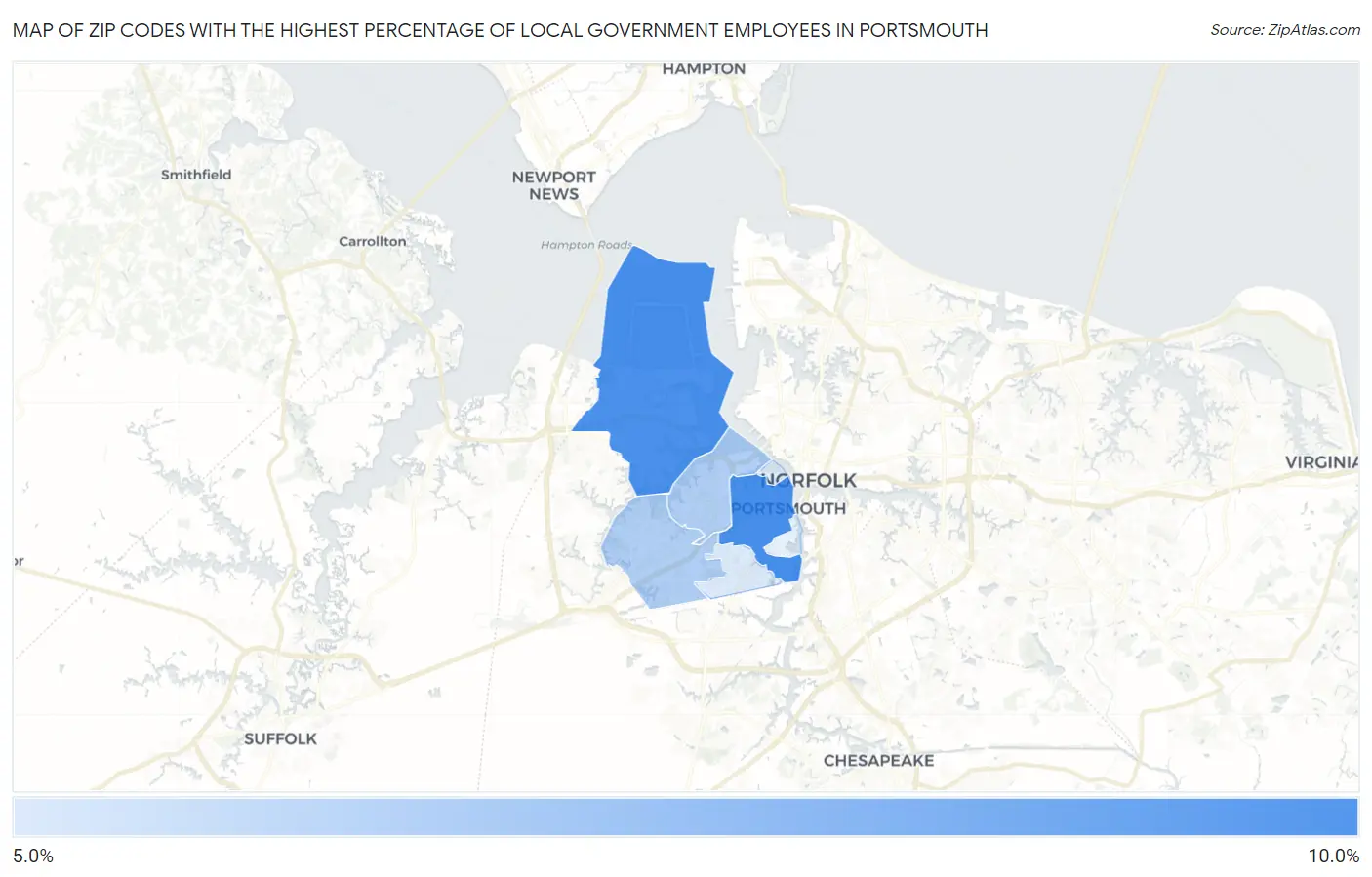 Zip Codes with the Highest Percentage of Local Government Employees in Portsmouth Map