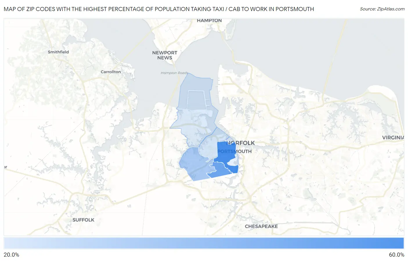 Zip Codes with the Highest Percentage of Population Taking Taxi / Cab to Work in Portsmouth Map
