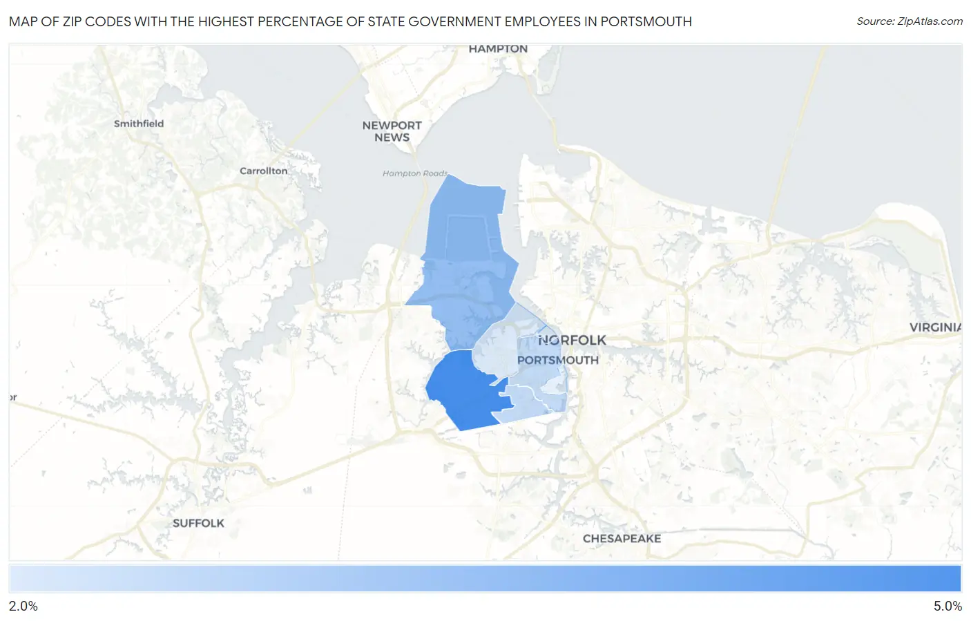 Zip Codes with the Highest Percentage of State Government Employees in Portsmouth Map