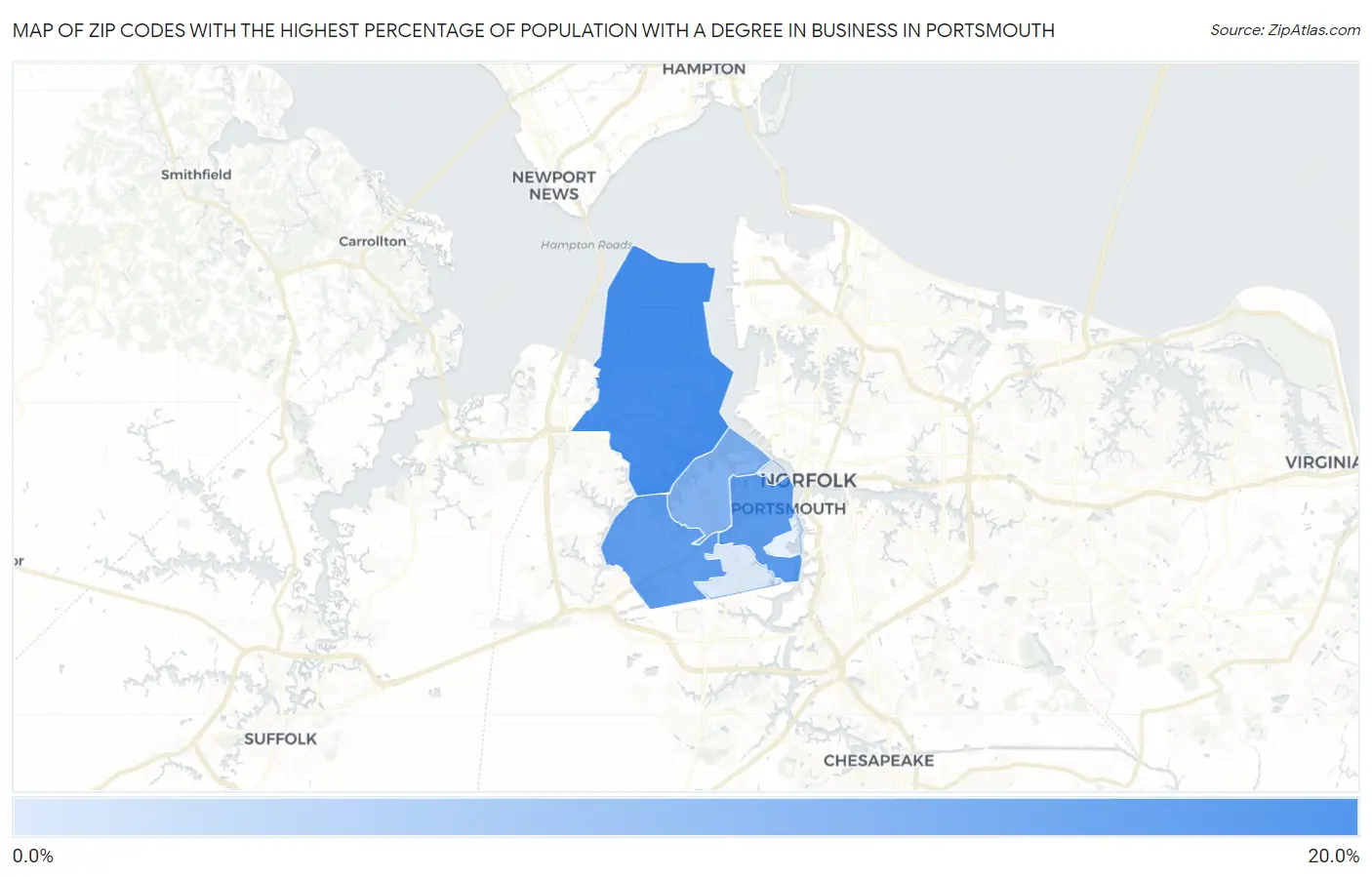 Zip Codes with the Highest Percentage of Population with a Degree in Business in Portsmouth Map