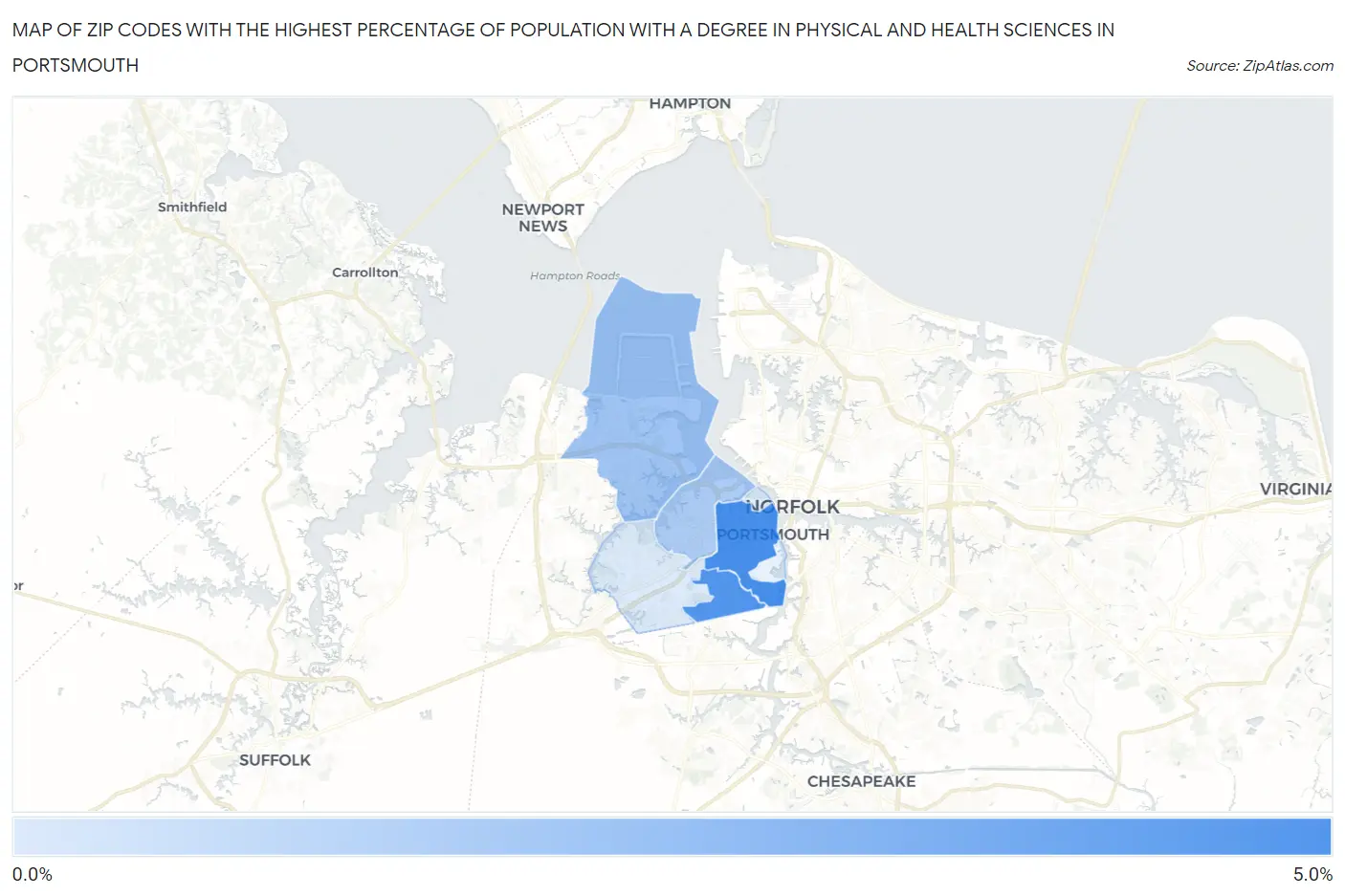 Zip Codes with the Highest Percentage of Population with a Degree in Physical and Health Sciences in Portsmouth Map
