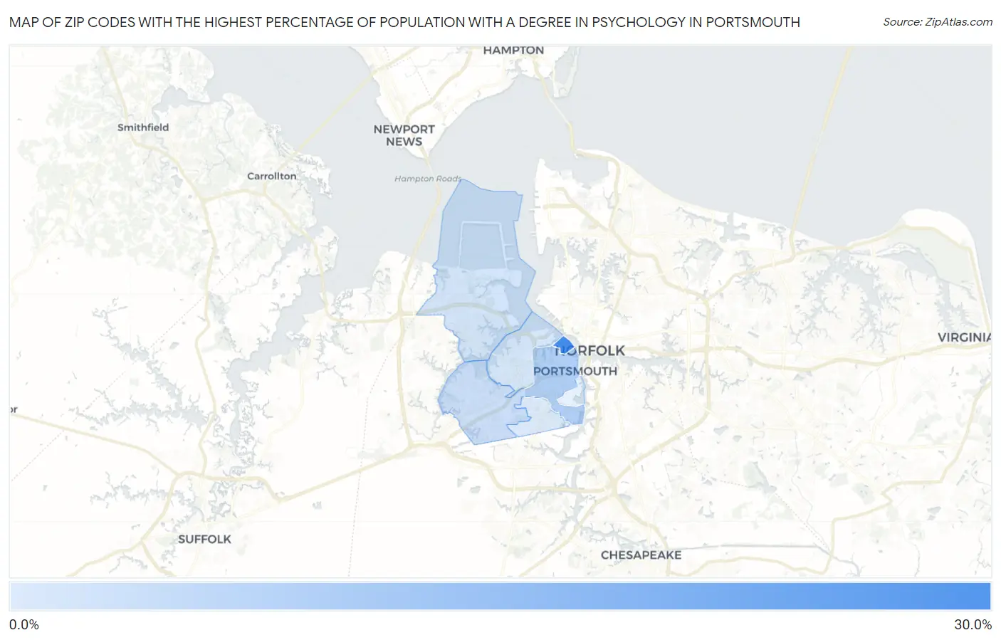 Zip Codes with the Highest Percentage of Population with a Degree in Psychology in Portsmouth Map