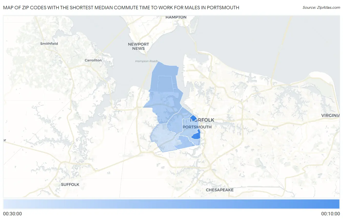 Zip Codes with the Shortest Median Commute Time to Work for Males in Portsmouth Map