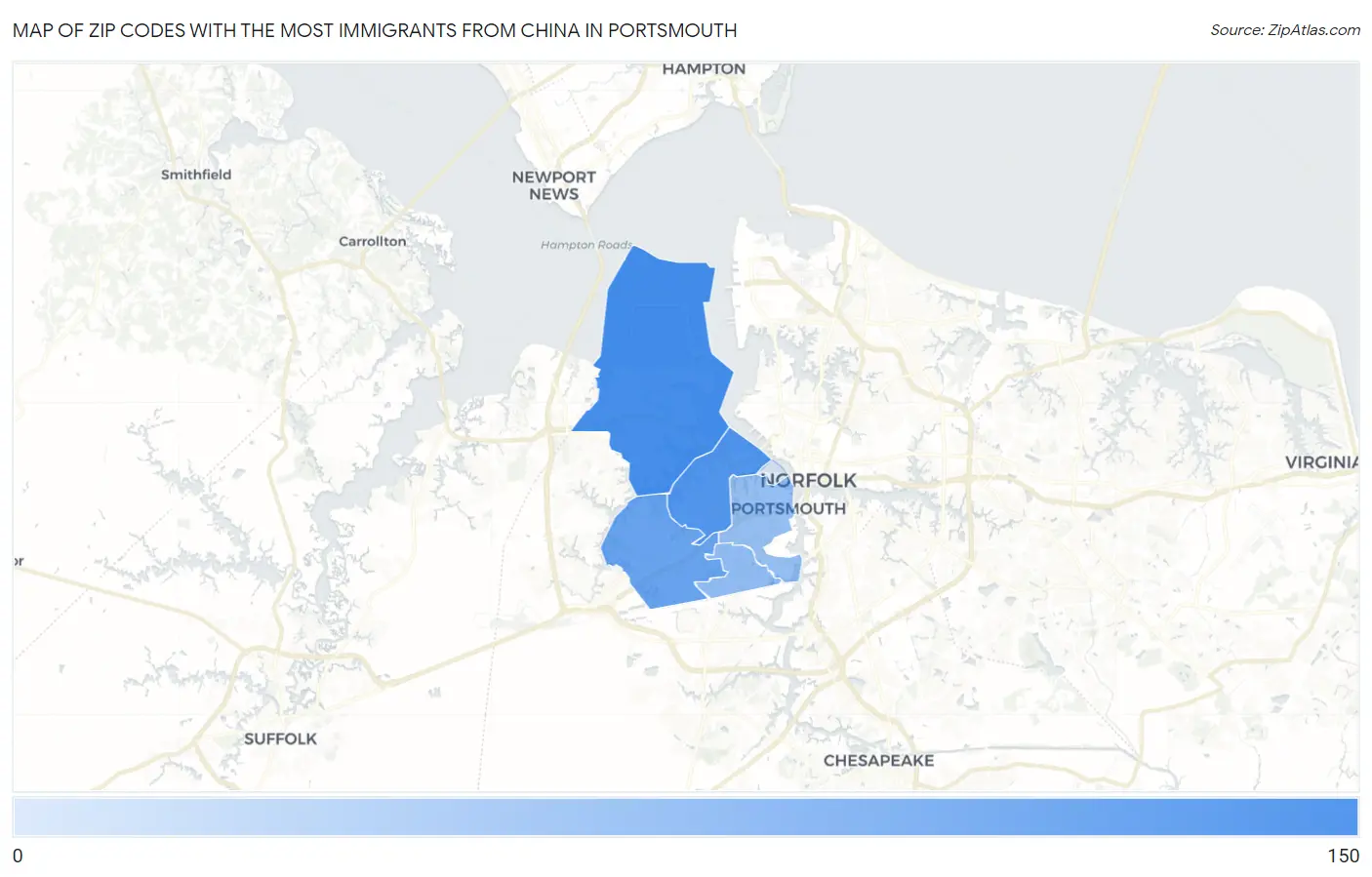 Zip Codes with the Most Immigrants from China in Portsmouth Map