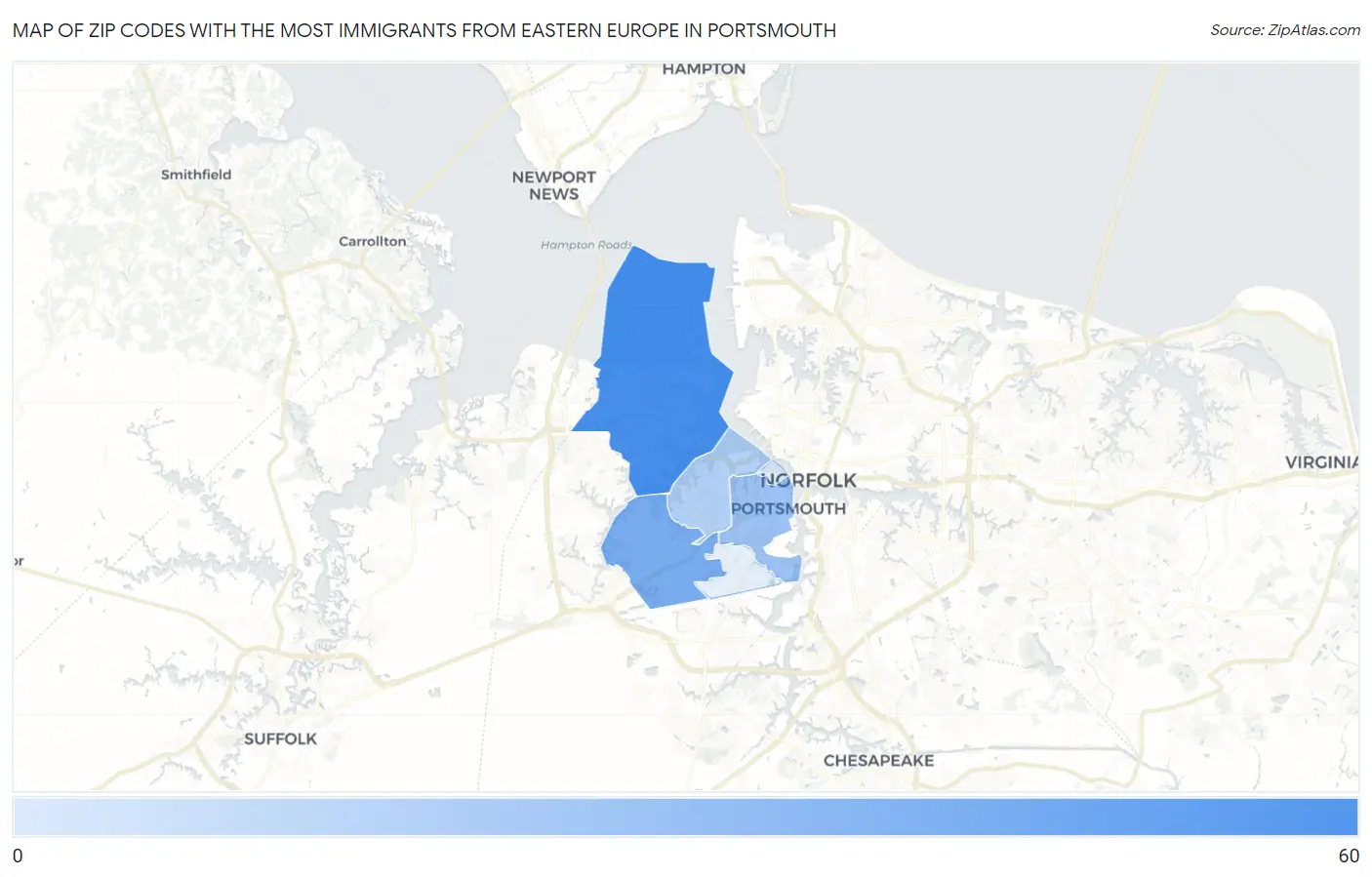 Zip Codes with the Most Immigrants from Eastern Europe in Portsmouth Map