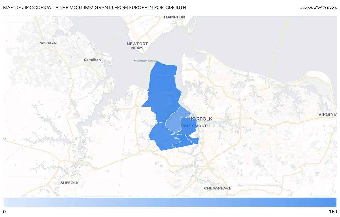 Zip Codes with the Most Immigrants from Europe in Portsmouth Map