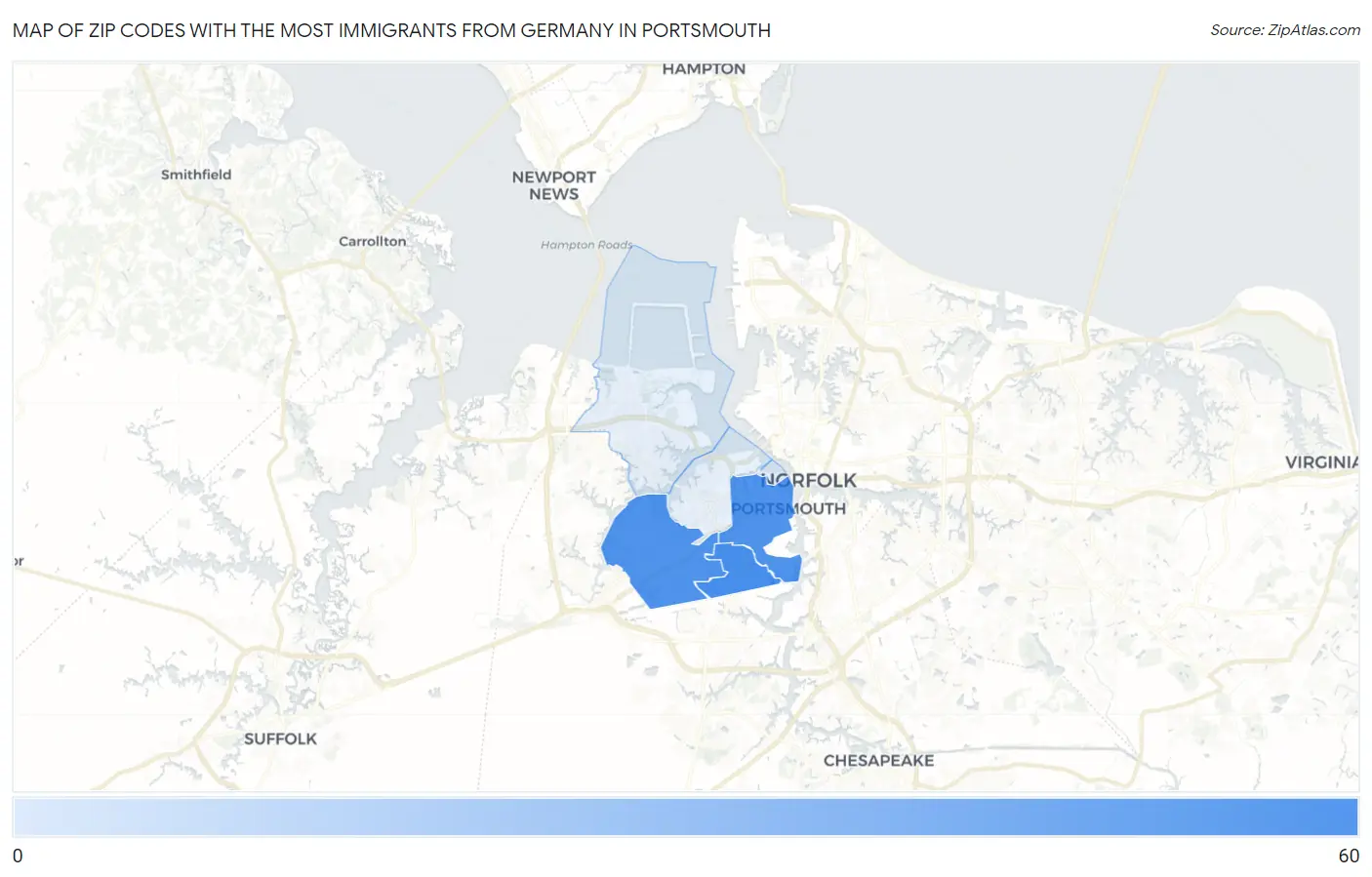 Zip Codes with the Most Immigrants from Germany in Portsmouth Map