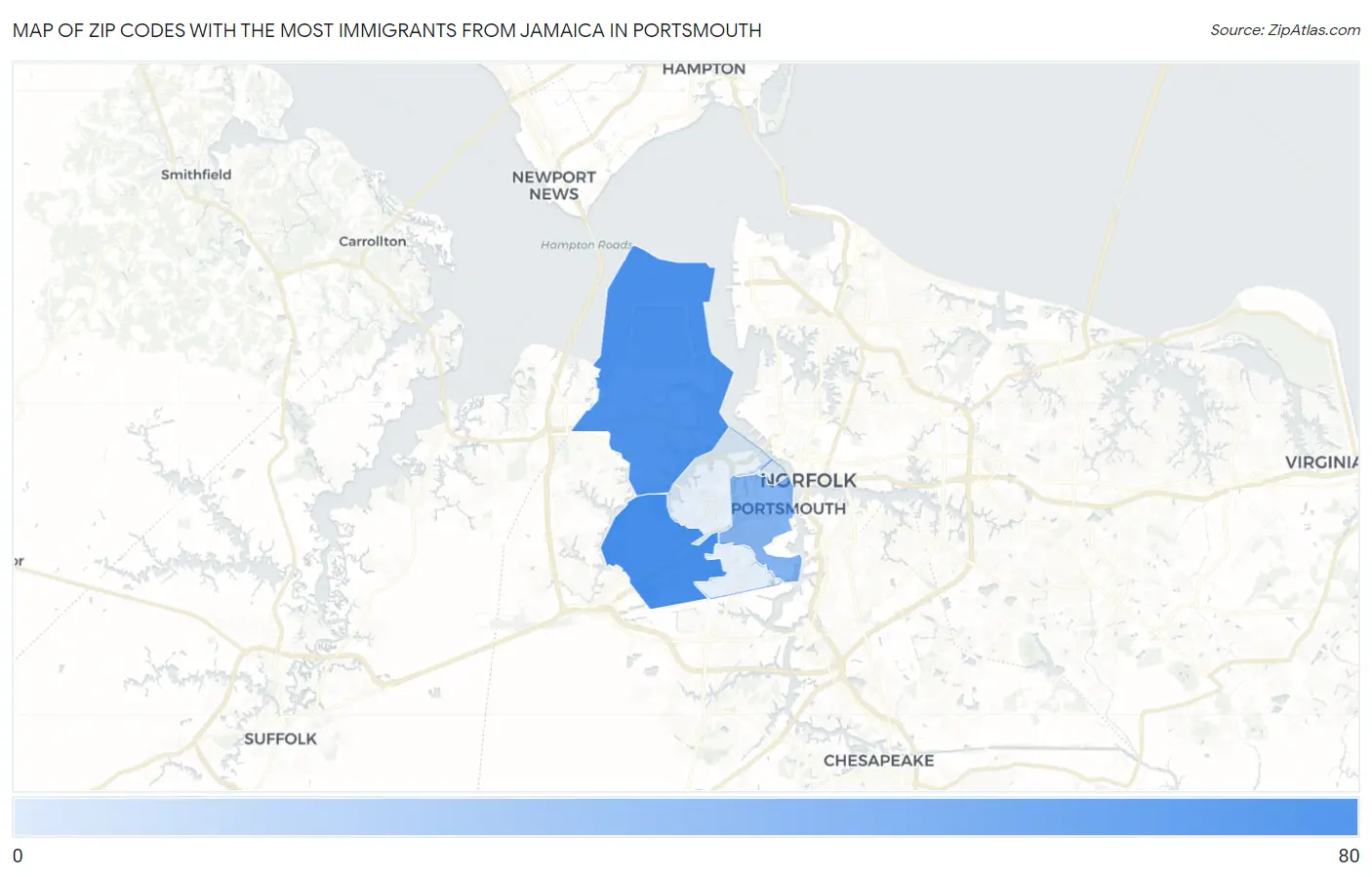 Zip Codes with the Most Immigrants from Jamaica in Portsmouth Map